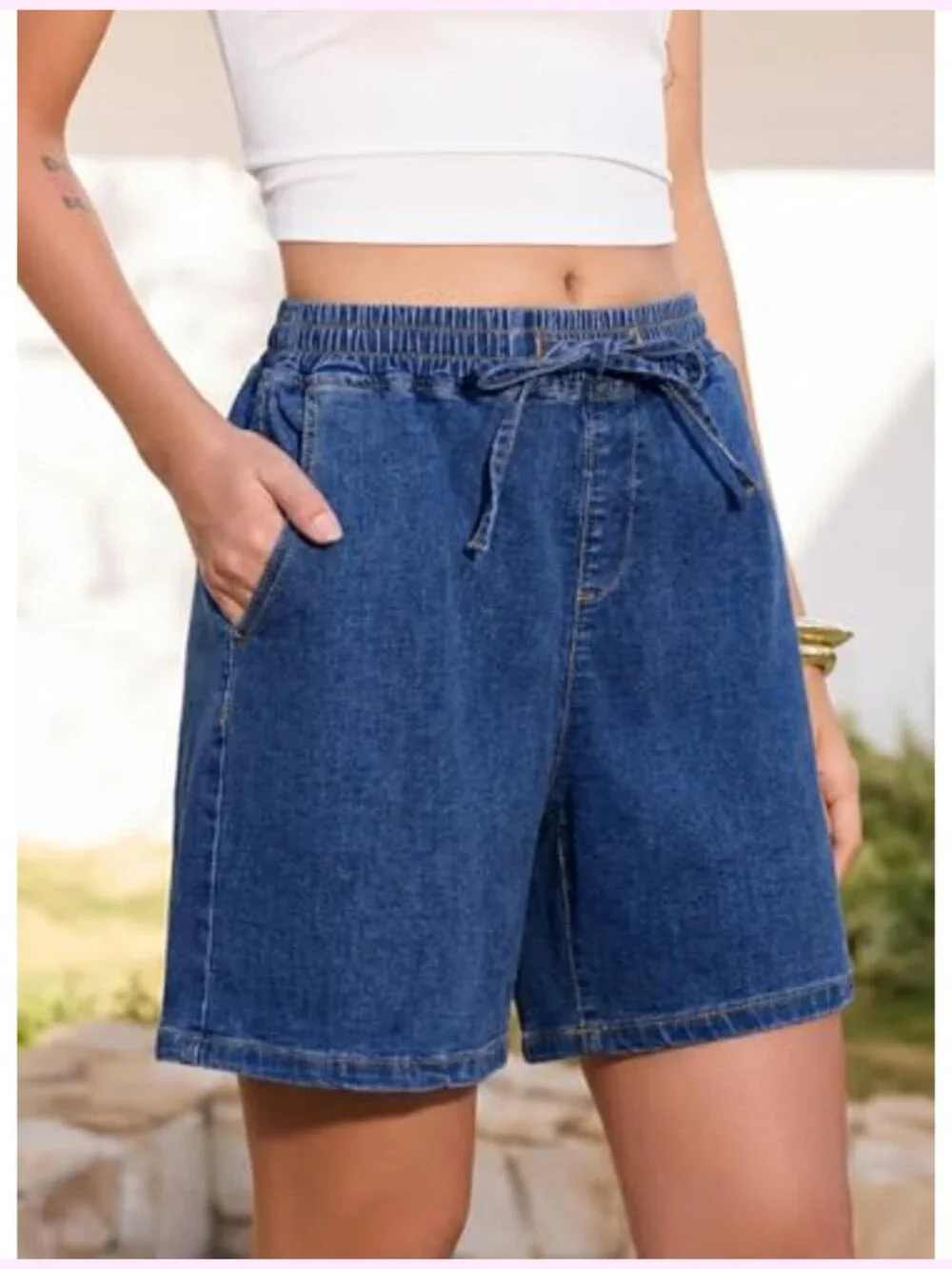 Women's High Waisted Baggy Jean Shorts, Drawstring Elastic Stretch Denim Shorts